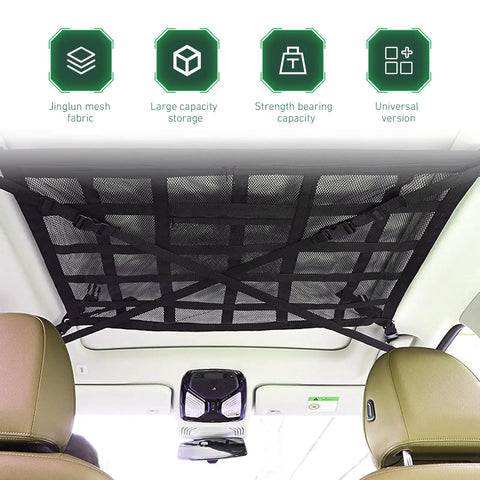 Double Layer Roof Cargo Net With 9 Straps, Zippered Pocket And Double Mesh Storage for cars attached to car ceiling