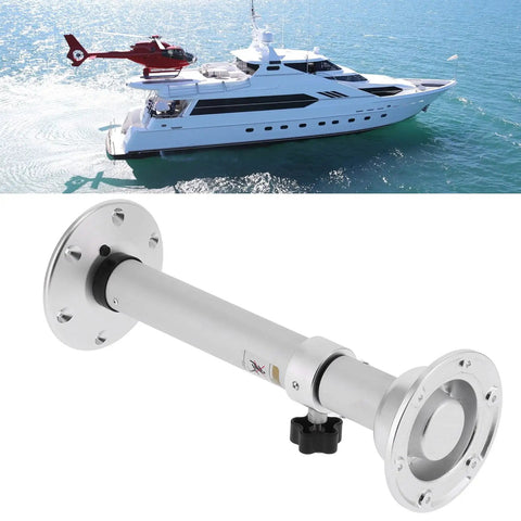 Beefy Aluminum Table Leg Bracket With Adjustable Height Pedestal For RVs Yachts Boats Motorhomes And Marine Caravans 19.3 To 31.8 In Height Mount Base Heavy Duty Construction Smooth Stepless Height Control For Marine Use displayed over a yacht on water