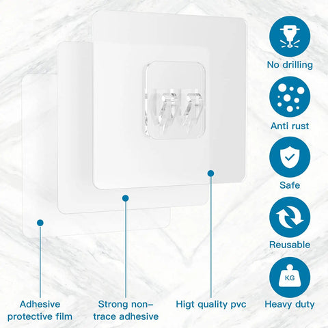 Diagram showing Heavy Duty Adhesive Wall Hooks 22Lb Max Hold Coat And Towel Hangers with features like strong adhesive and high-quality PVC.