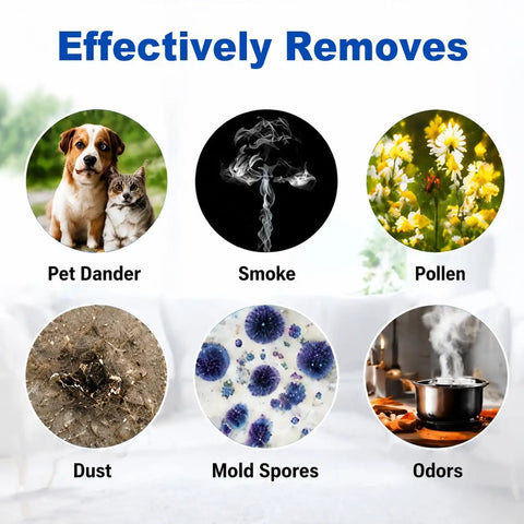 Replacement HEPA Filter For Holmes And Bionaire Vacs 2 Pack effectiveness chart showing removal of pet dander, smoke, pollen, dust, mold, odors