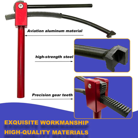 All In One Dirt Bike Tire Change Kit detail showing aviation aluminum and high-strength steel with precision gear teeth.