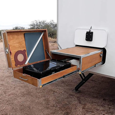 Heavy Duty Drawer Slides With Secure Locking Mechanism Industrial Furniture Hardware Rails Built Like A Tank For Kitchen Cabinets Smooth Gliding Action No Sweat Operation Top Shelf Build Quality in a mounted outdoor setup.