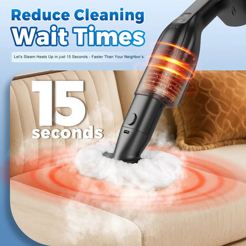 No Fuss Heavy Duty Steam Mop With Seventeen Attachments And Adjustable Two Sixty Degree Flow, steaming fabric with cloud of vapor.