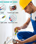 Technician using tool on wiring with diagrams of cable, twisted pair, fiber optic, and aluminum wire; wide range of uses featured.
