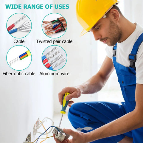 Technician using tool on wiring with diagrams of cable, twisted pair, fiber optic, and aluminum wire; wide range of uses featured.