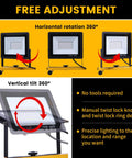 Ultra Bright 30000 Lumen LED Work Light With Stand And 3 Adjustable Heads Foldable Tripod Waterproof Lamp rotation diagram