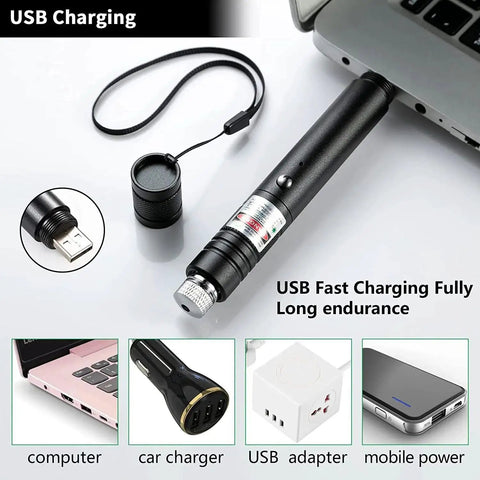 Green Laser Pointer And Tactical Flashlight Set With USB Recharge 2000 Meter Long Range High Power Handheld Light shown charging via USB