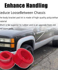 Beefed Up Polyurethane Body Mount Bushing Kit With Metal Ring Direct Fit For 1981 To 1987 Chevy C10 C20 K10 K20 K30 And GMC C1500 C2500 K1500 K2500 Trucks Heavy Duty Cab Mounts For A Smoother Quieter Ride on black truck with red bushings