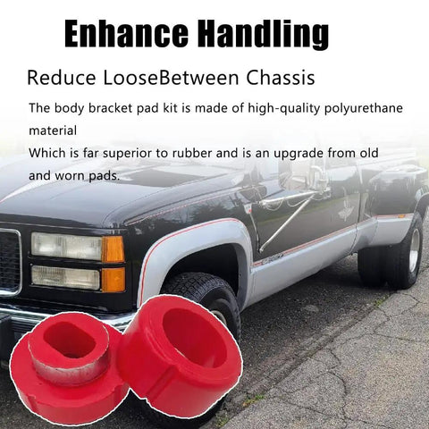 Beefed Up Polyurethane Body Mount Bushing Kit With Metal Ring Direct Fit For 1981 To 1987 Chevy C10 C20 K10 K20 K30 And GMC C1500 C2500 K1500 K2500 Trucks Heavy Duty Cab Mounts For A Smoother Quieter Ride on black truck with red bushings