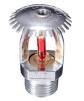 Set Of Two Upright Fire Sprinkler Heads With Half Inch Npt Threads Chrome Plated Copper Housing One Fifty Five Fahrenheit Activation, chrome sprinkler head showcasing 155F red bulb.