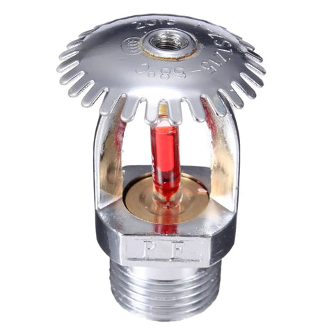 Set Of Two Upright Fire Sprinkler Heads With Half Inch Npt Threads Chrome Plated Copper Housing One Fifty Five Fahrenheit Activation, chrome sprinkler head showcasing 155F red bulb.