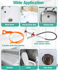 Image showcasing 25 Inch Drain Clog Remover 7 Pack with 6 plastic drain hair removers and 1 stainless steel drain cleaner.