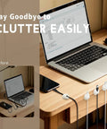 Adhesive Silicone Cable Clips Set For Desk Wall And Office 9 Pack 0.6 Inch Clips Fit Wires Up To 0.4 Inch Cable Management Cord Holder Great For Chargers USB Cables Power Cords White shown organizing cables on a wooden desk.
