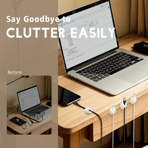 Adhesive Silicone Cable Clips Set For Desk Wall And Office 9 Pack 0.6 Inch Clips Fit Wires Up To 0.4 Inch Cable Management Cord Holder Great For Chargers USB Cables Power Cords White shown organizing cables on a wooden desk.