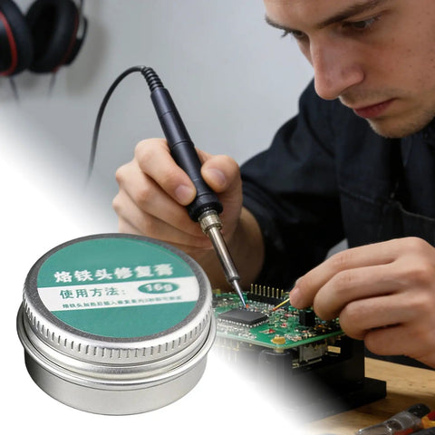 Man using Pro Grade Soldering Iron Tip Cleaner Block For Metal Tips Flux Activator With Abrasive Grains Thermal Shaper on circuit