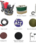 Electric Concrete Floor Grinder With 3.9 Inch Planetary 12 Head Grinding System Walk Behind Design For Epoxy Hardened Terrazzo And Diamond Floors 220V 18.5KW Beast Pro Grade with accessories including PVC water fender, guiding wheel, and grinding tools.