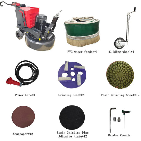 Electric Concrete Floor Grinder With 3.9 Inch Planetary 12 Head Grinding System Walk Behind Design For Epoxy Hardened Terrazzo And Diamond Floors 220V 18.5KW Beast Pro Grade with accessories including PVC water fender, guiding wheel, and grinding tools.