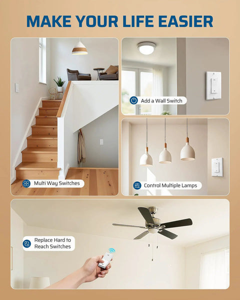 Wireless Light Switch And Receiver Kit No Wiring Required 15A Remote Control Wall Switch For Ceiling Lights Fans Lamps 100 Ft RF Range Programmable Easy Plug And Play Setup image showing wall switch and ceiling light examples.