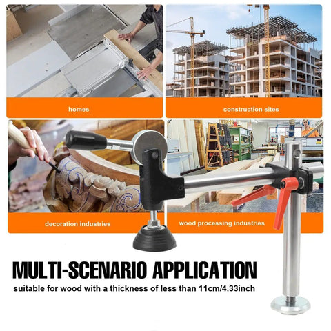 Image of Dead Legit Sliding Table Saw Clamp And Presser Featuring Rugged Cast Iron Build with clamps in various woodwork settings.