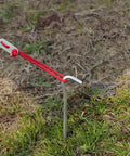 Heavy Duty Aluminum Tent Pegs Set, 12 Pack With Hooks, 7 Inch Hexagon Rod Stakes securing rope on grass