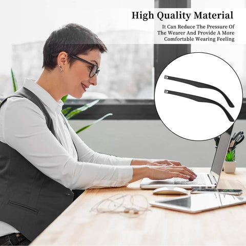 Top Tier Glasses Arm Replacement Set For Everyday Spectacles Includes Heavy Duty Screws Tough Nylon Washers Precision Screwdriver And Cushy Silicone Nose Pads For Hassle Free Frame Restore Gear on a desk with a woman using a laptop.