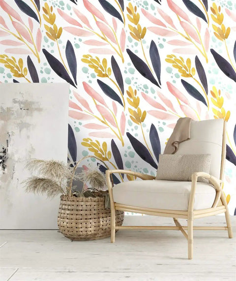Peel And Stick Floral Forest Wallpaper Removable Vinyl Shelf Liner With Watercolor White Pink Navy Yellow Design decor
