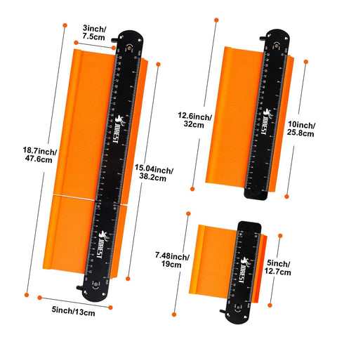 Connectable Contour Gauge Trio 5 Inch 10 Inch 15 Inch with lock for precise shape replication and angle measuring shown with dimensions