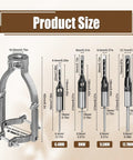 Product size chart for Square Hole Drill Bit And Mortiser Chisel Set showing dimensions in mm and inches for various bits.