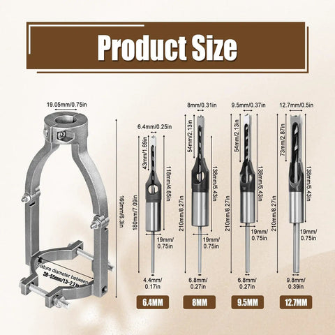 Product size chart for Square Hole Drill Bit And Mortiser Chisel Set showing dimensions in mm and inches for various bits.