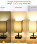3 Way Dimmable Table Lamps With Touch Control and 2 USB Ports, 2 AC Outlets, showing low, medium, high light settings
