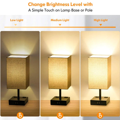 3 Way Dimmable Table Lamps With Touch Control and 2 USB Ports, 2 AC Outlets, showing low, medium, high light settings