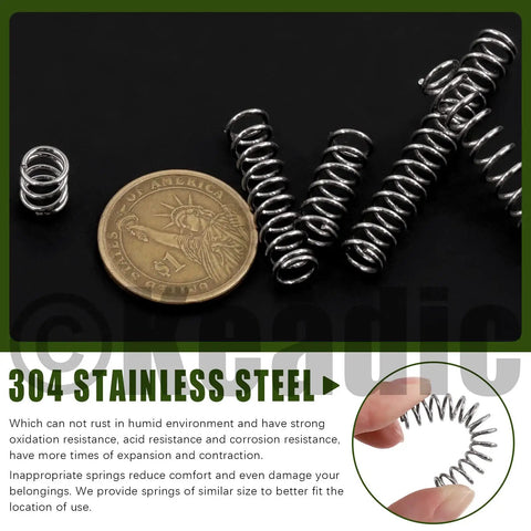 Mini Stainless Steel Compression Springs Kit 100Pcs 5 Size Assortment next to a coin for scale