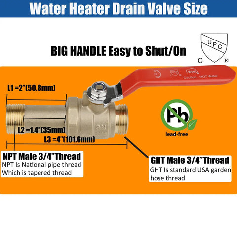 Lead Free Brass Water Heater Drain Valve With Full Port Flow showing 3/4 MIP to GHT connection with measurements and handle