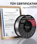 Heavy Duty Flux Core Welding Wire E71T-GS 10 lb coil displayed with TÜV certification for quality assurance.
