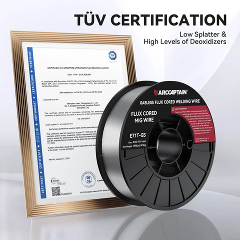 Heavy Duty Flux Core Welding Wire E71T-GS 10 lb coil displayed with TÜV certification for quality assurance.
