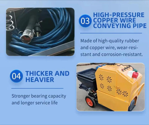 High performance electric plaster sprayer machine and mortar pump with a high-pressure copper wire conveying pipe.
