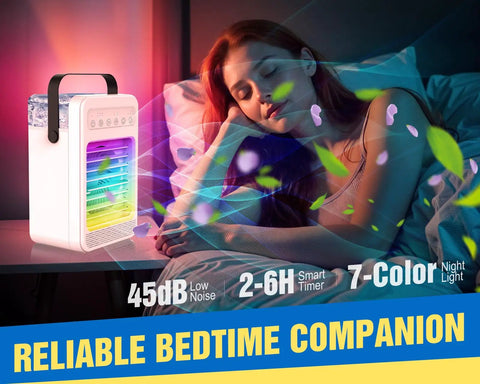 4 In 1 Portable Air Conditioner Fan With Touch Screen Evaporative Cooler next to a sleeping person in a dark room.
