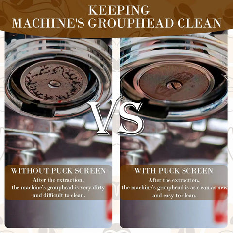 Comparison of espresso machine grouphead with and without Two Pack 53.5mm Espresso Puck Screen With Stand Reusable Coffee Filter