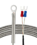 Close-up of K Type Thermocouple Temperature Sensor Probe with 1M Cable, stainless steel, dual insulated fork terminals visible