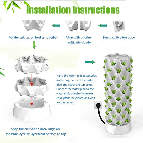 Installation instructions for Dope Vertical Hydroponic Garden Tower With 48 64 Or 80 Pot Capacity Modular Stackable System