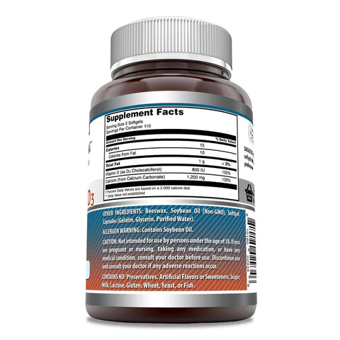 Calcium With Vitamin D3 1200mg Per Serving Softgels, 110 Servings, Non-GMO Gluten Free Supplement side view showing supplement facts
