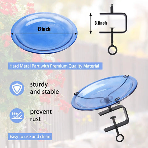 Heavy Duty Deck Mounted Glass Bird Bath With Secure Adjustable Clamp For Garden Railing Patio Fence Or Window Ledge, 12 inch blue glass dish.