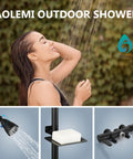 Woman enjoying Outdoor Shower Kit With 3 Inch Center Faucet System, Exposed Shower With Two Handles, Matte Black and soap dish