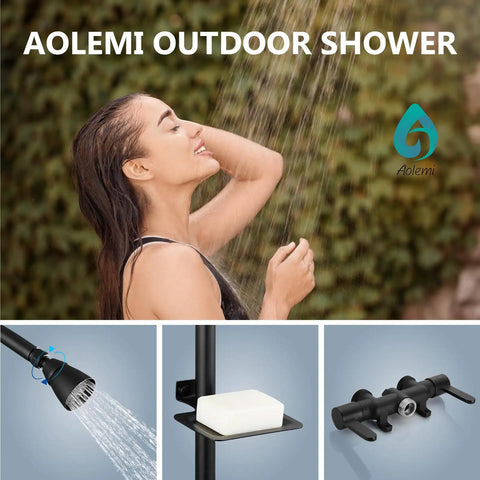 Woman enjoying Outdoor Shower Kit With 3 Inch Center Faucet System, Exposed Shower With Two Handles, Matte Black and soap dish