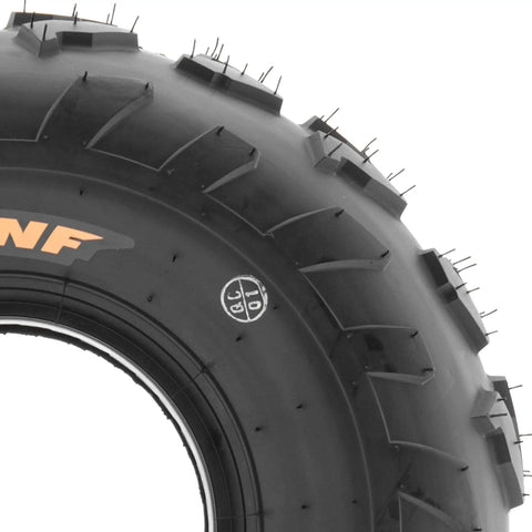 Close-up of an All Terrain ATV Tire 18x7-7 tubeless 4 ply with directional V knobby tread A007, side view.