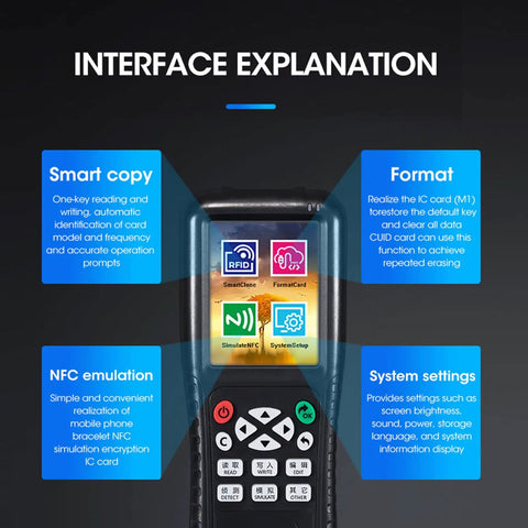 Interface of ID Card Duplicator And Copier Dope Kit With Decode Function For Smart Cards And NFC, showing features and settings.