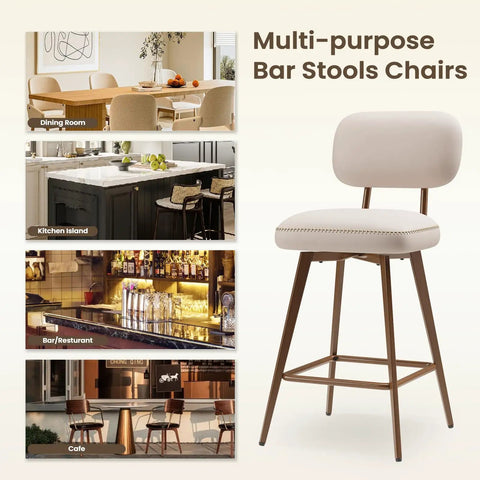 26 Inch Swivel Bar Stools Set Of 2 Beige PU Leather Counter Height Chairs With Low Back And Metal Legs for kitchen island and home bar