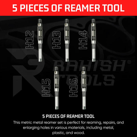 Five-piece adjustable hand reamer tool set for precise hole finishing in metal and wood with carbon steel blades, H12-H16.
