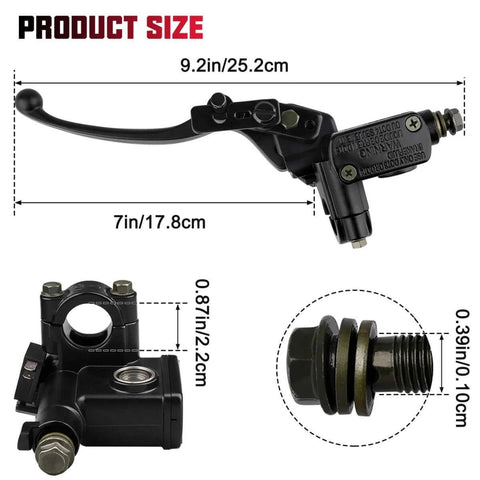 Left Hand Hydraulic Brake Master Cylinder Lever Pump For ATV Dirt Bike Quad And Moped Fits 50Cc 70Cc 90Cc 110Cc 125Cc 150Cc 200Cc 250Cc 4 Stroke GY6 Engines Universal Fit For Taotao Roketa Sunl Kazuma Hensim Jonway Znen with size dimensions shown