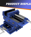 Heavy Duty Cast Iron Drill Press Vise Featuring Six Inch Max Jaw Opening And Slick Two Way Xy Sliding Base For Rock Solid Clamping Power During Precision Woodworking Jobs And Garage Projects, blue color.